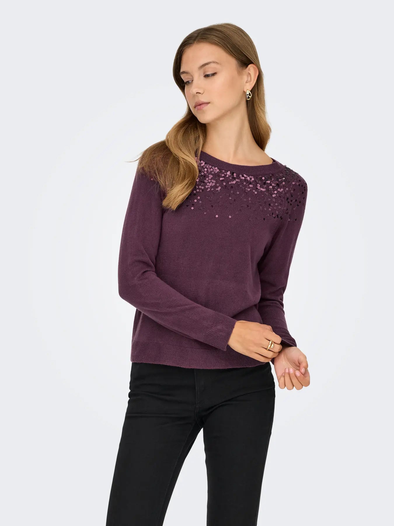 ONLSTARRY LS SEQUIN O-NECK KNT MAUVE WINE