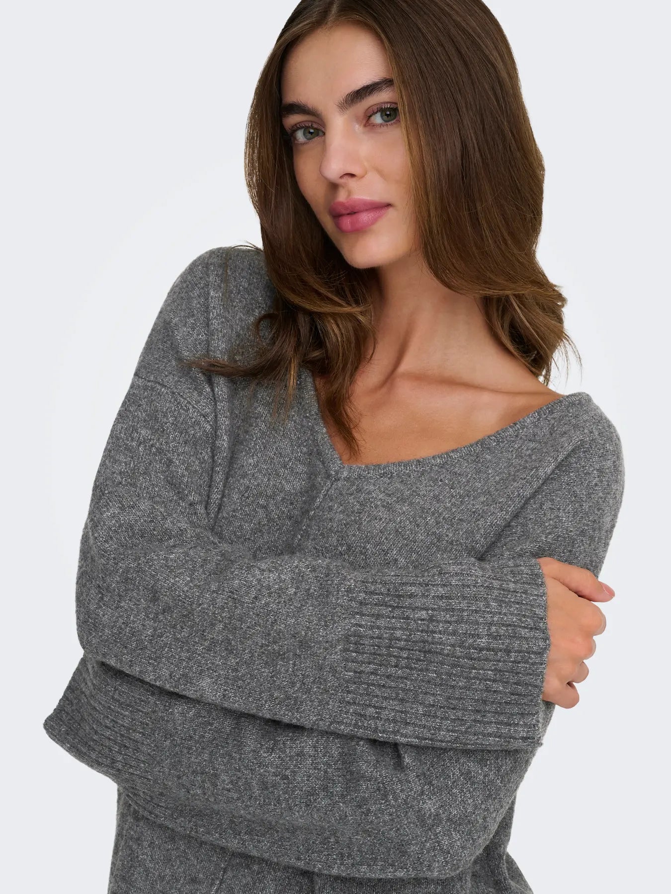 ONLWHITNEY LIFE LS V-NECK KNT GREY MELANGE