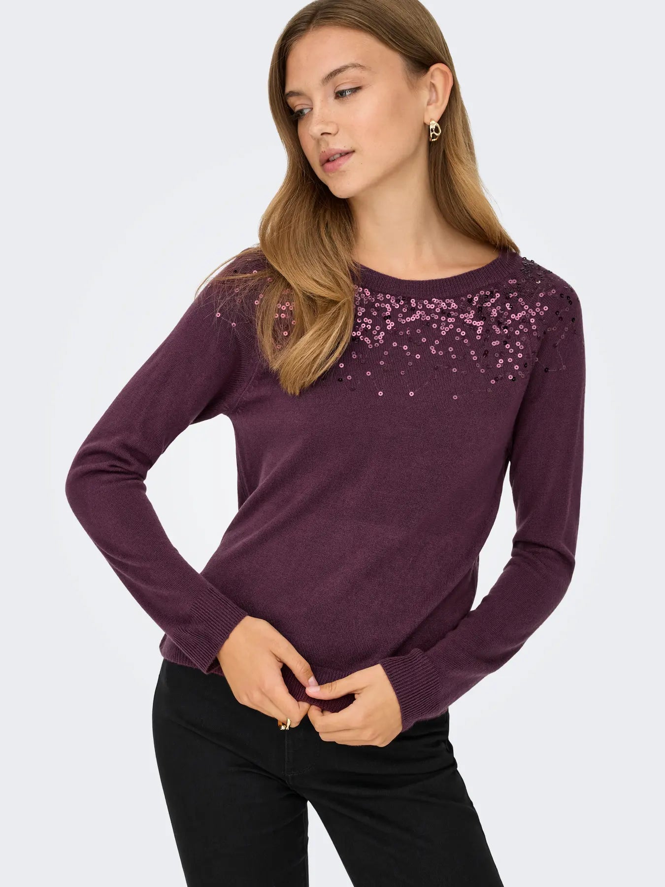 ONLSTARRY LS SEQUIN O-NECK KNT MAUVE WINE