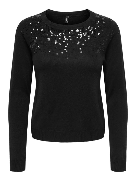 ONLSTARRY LS SEQUIN O-NECK KNT BLK