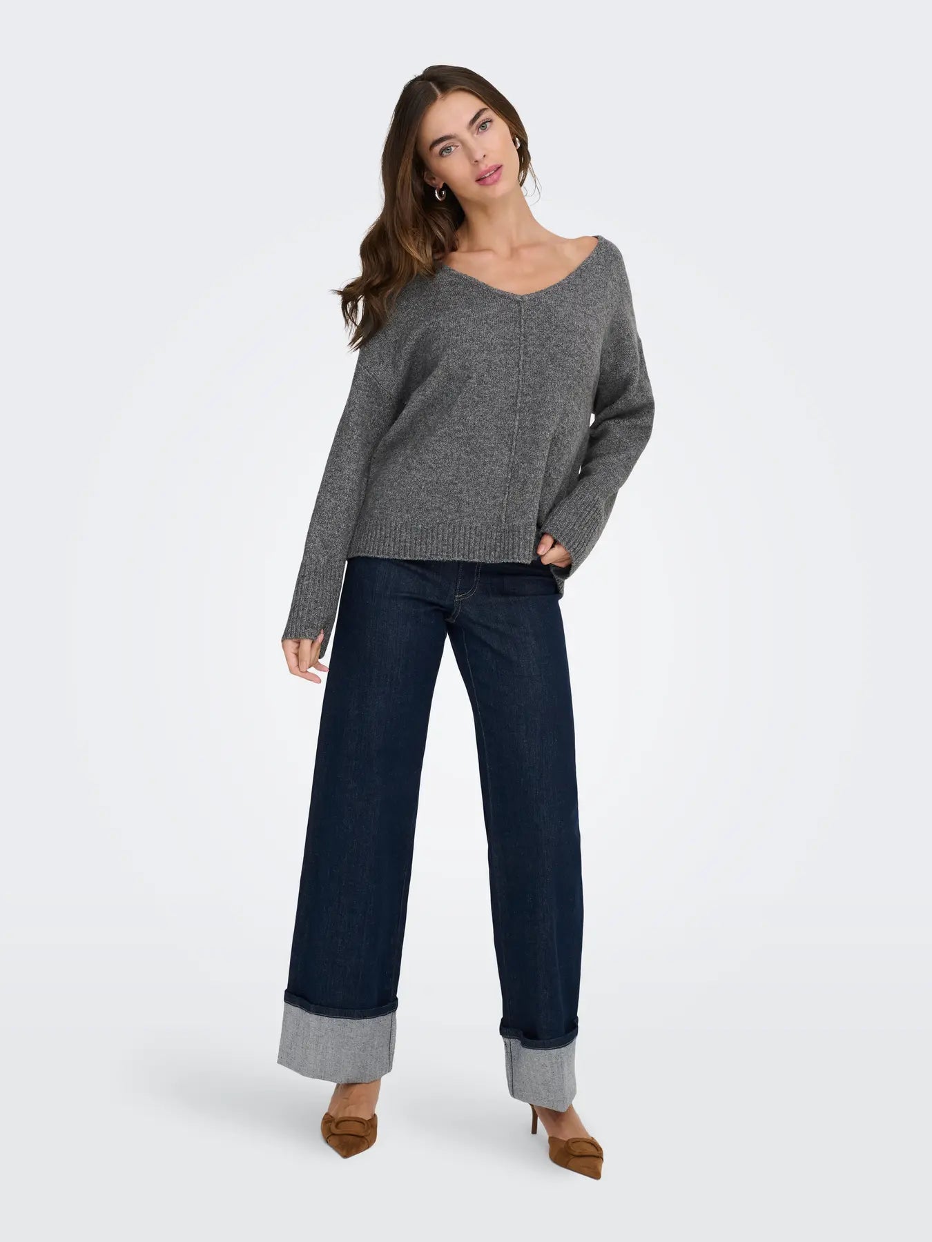 ONLWHITNEY LIFE LS V-NECK KNT GREY MELANGE