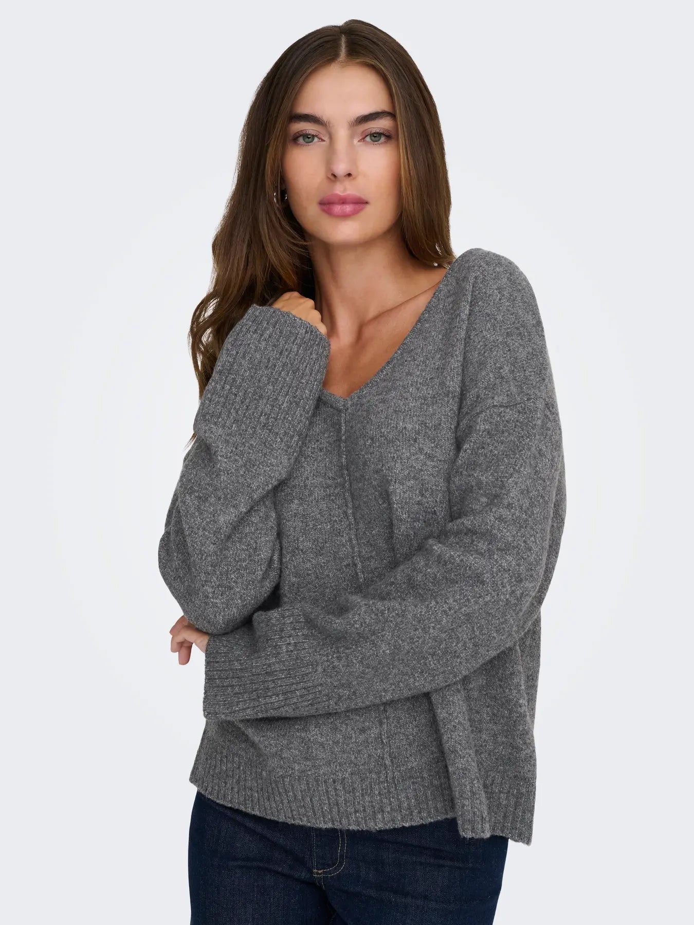 ONLWHITNEY LIFE LS V-NECK KNT GREY MELANGE