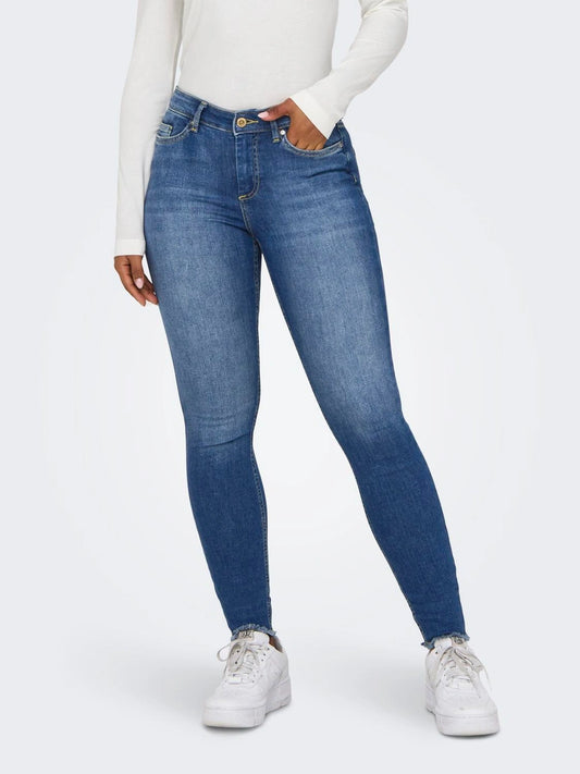 Skinny Fit Mid Waist Raw Hem Jeans