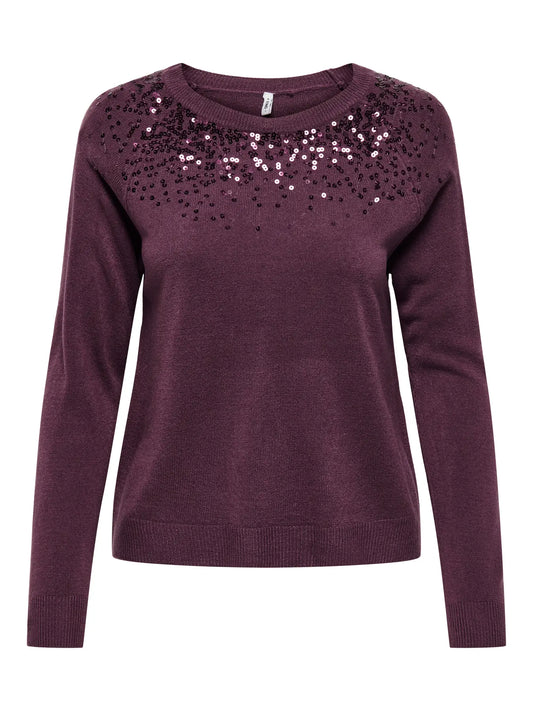 ONLSTARRY LS SEQUIN O-NECK KNT MAUVE WINE