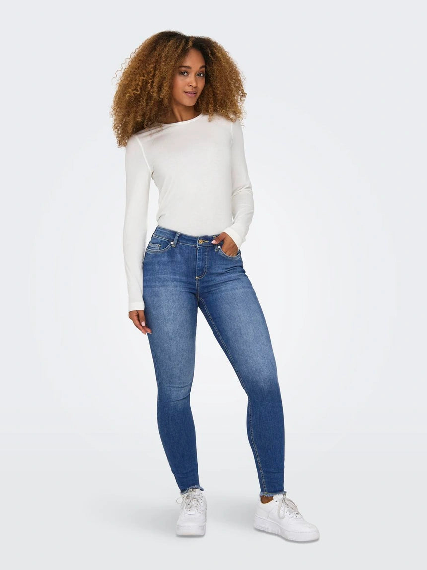 Skinny Fit Mid Waist Raw Hem Jeans