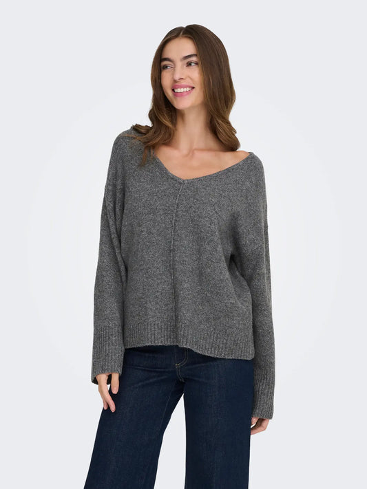 ONLWHITNEY LIFE LS V-NECK KNT GREY MELANGE