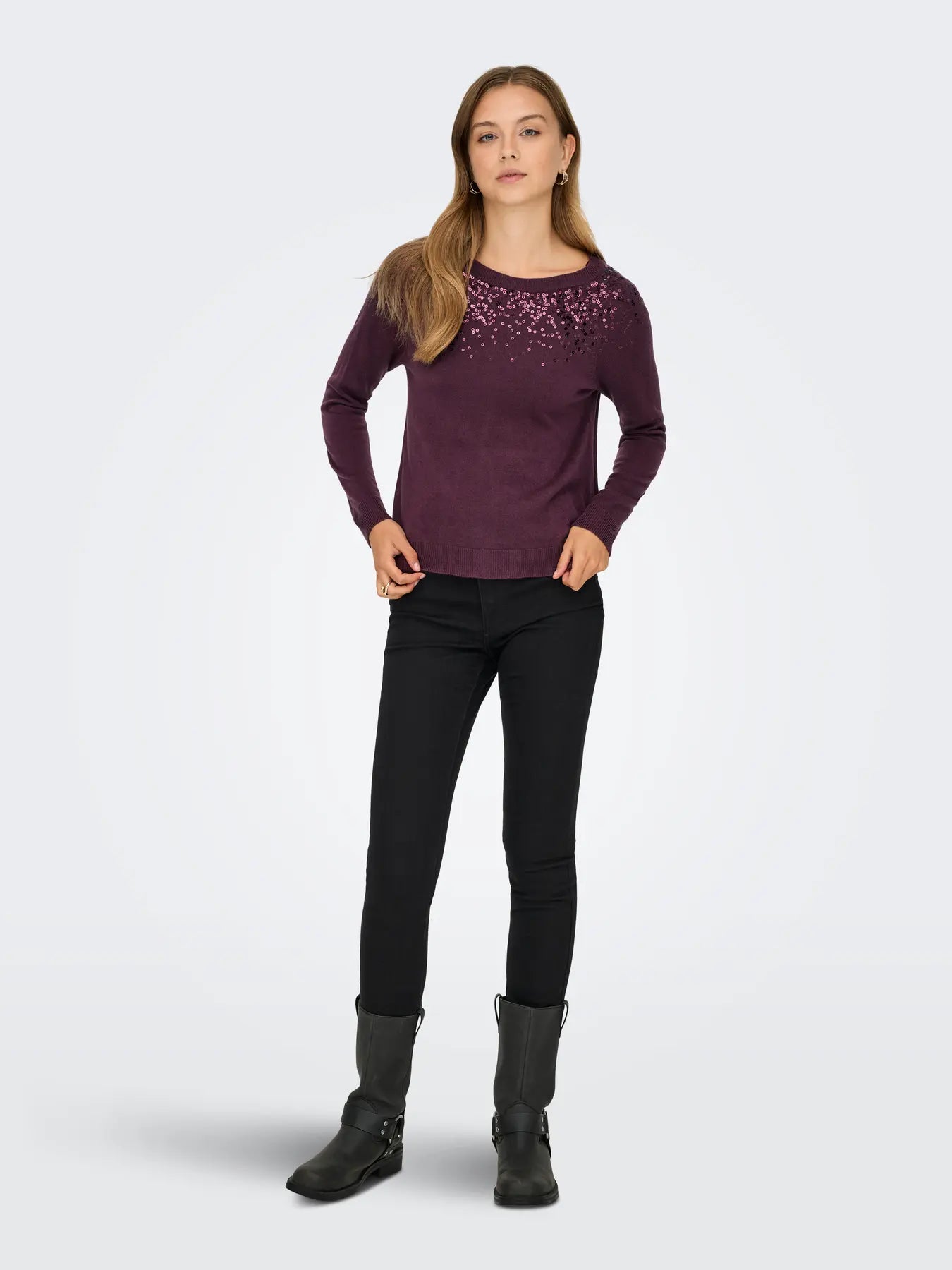 ONLSTARRY LS SEQUIN O-NECK KNT MAUVE WINE